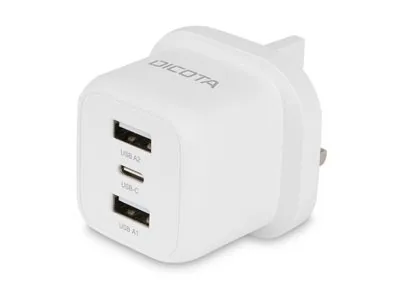 DICOTA - Sítový adaptér - kompaktní, notebook - 32 watt - 3 A - 3 výstupní konektory (USB-C, 2 x USB) - bílá - Velká Británie
