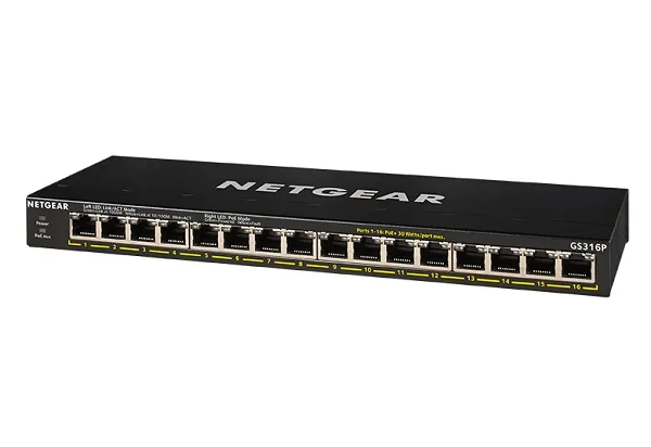 NETGEAR GS316P - Přepínač - neřízený - 16 x 10/100/1000 (PoE+) - desktop, pro připevnění na zeď - PoE+ (115 W)