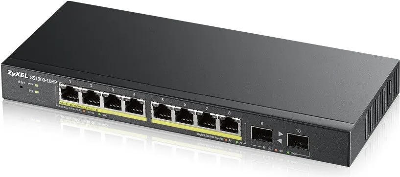 Zyxel GS1900-10HP - Přepínač - inteligentní - 8 x 10/100/1000 (PoE+) + 2 x gigabitů SFP - desktop, pro připevnění na zeď - PoE+ (77 W)