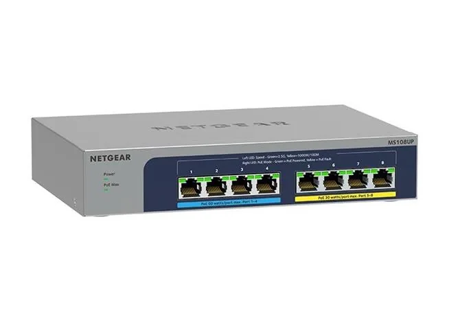 NETGEAR MS108UP - Přepínač - neřízený - 4 x 100/1000/2.5G (PoE++) + 4 x 100/1000/2.5G (PoE+) - desktop, pro připevnění na zeď - PoE++ (230 W)