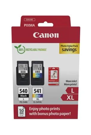 Canon PG-540L/CL-541XL Photo Value Pack - Lesklý - 2-balení - Vysoká výtěžnost - černá, barva (azurová, purpurová, žlutá) - originální - závěsný box - Sada inkoustový zásobník / papír - pro PIXMA MG3250, MG3550, MG3650, MG4250, MX395, MX455, MX475, MX525,