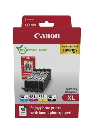 Canon CLI-581XL C/M/Y/BK Photo Value Pack - 4-balení - 8.3 ml - XL - černá, žlutá, azurová, purpurová - originální - pouzdro - Sada inkoustový zásobník / papír - pro PIXMA TS6251, TS6350, TS6351, TS705, TS8252, TS8350, TS8351, TS8352, TS9550, TS9551
