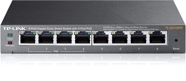 TP-Link Easy Smart TL-SG108PE - Přepínač - inteligentní - 4 x 10/100/1000 (4 PoE+) + 4 x 10/100/1000 - desktop - PoE+ (64 W)