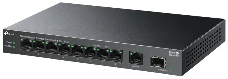 TP-Link LiteWave LS1210GP V1 - Přepínač - 8 x 10/100/1000 (PoE+) + 1 x 10/100/1000 + 1 x gigabitů SFP - desktop, pro připevnění na zeď - PoE+ (61 W)