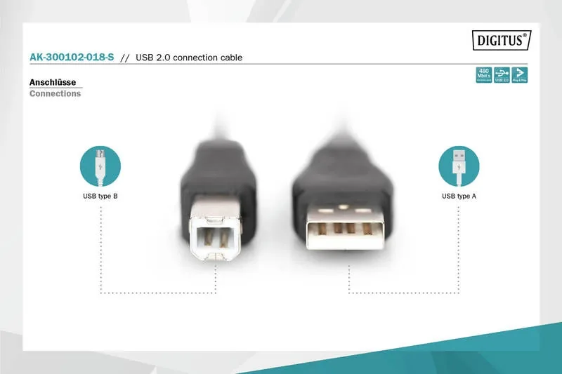 Digitus USB kabel A/samec na B/samec, 2x stíněný, černý, 1,8m