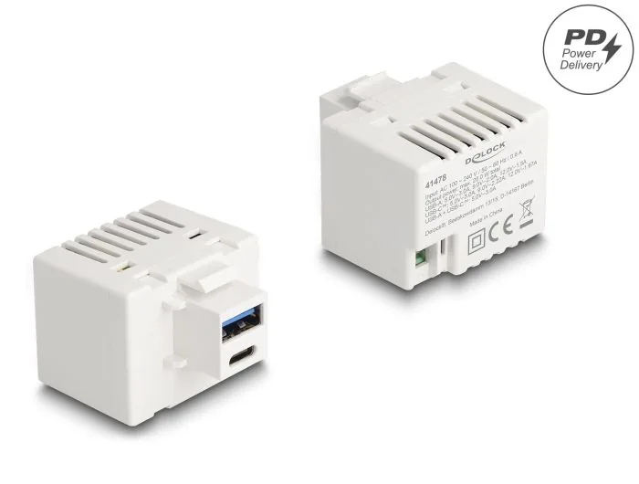 Delock - Sítový adaptér - 20 watt - 3 A - PD - 2 výstupní konektory (USB typ A, USB-C) - bílá