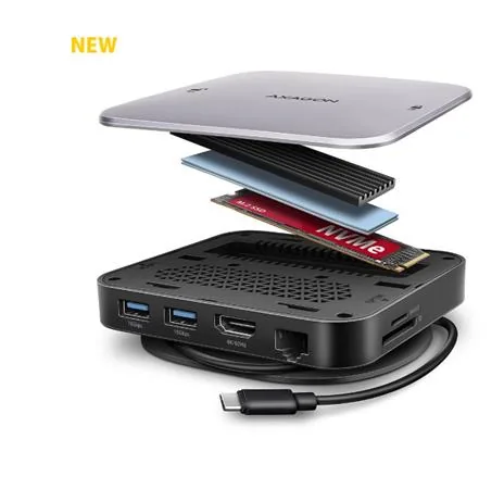 AXAGON HMC-UFO, USB 10Gbps hub, 2x USB-A, USB-C, HDMI 4k/60, RJ-45, M.2 slot, SD/mSD, audio, PD