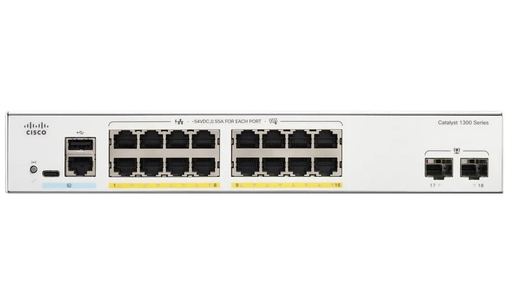 Cisco Catalyst 1300-16FP-2G - Přepínač - L3 - řízený - 16 x 10/100/1000 (PoE+) + 2 x Gigabit Ethernet SFP - Lze montovat do rozvaděče - PoE+ (240 W)