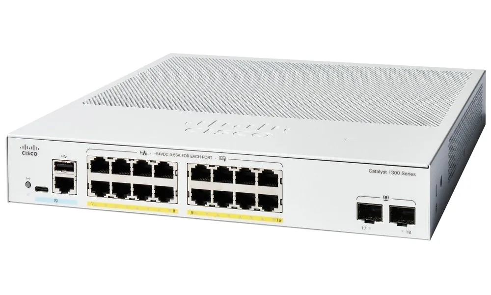 Cisco Catalyst 1300-16FP-2G - Přepínač - L3 - řízený - 16 x 10/100/1000 (PoE+) + 2 x Gigabit Ethernet SFP - Lze montovat do rozvaděče - PoE+ (240 W)