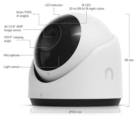 Ubiquiti UniFi Protect G6 - Síťová bezpečnostní kamera - otočná - interiérový, venkovní - odolná vůči povětrnostním vlivům - barevný (Den a noc) - 8 MP - 3864 x 2180 - 4K - pevné ohnisko - audio - DC 37 - 57 V / PoE