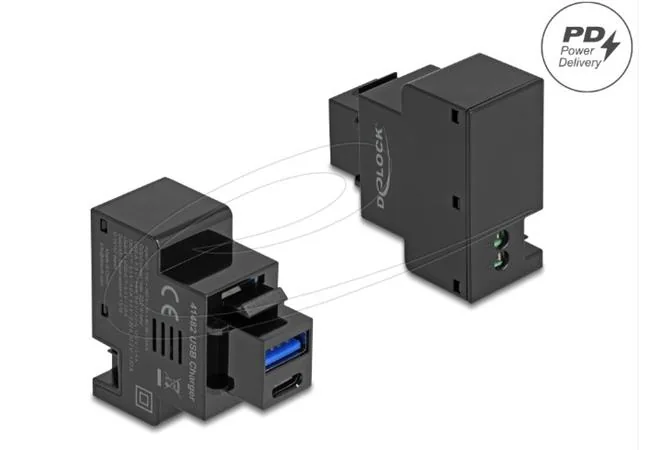 Delock - Zacvakávací modul (keystone) - PD 20 W - USB, USB typu C - 1 zásuvka USB, 1 zásuvka USB-C - 3 A - cerná