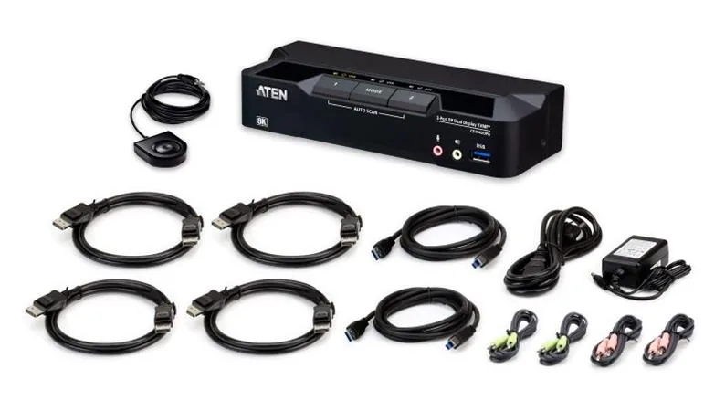 ATEN 2-port. přepínač USB 3.0 s podporou 8K a DisplayPort pro dva monitory s technologií KVMP (včetně kabelů)