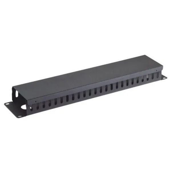 19" vyvazovací panel 2U, celokovový s krytem 90x45mm, průchozí, černý