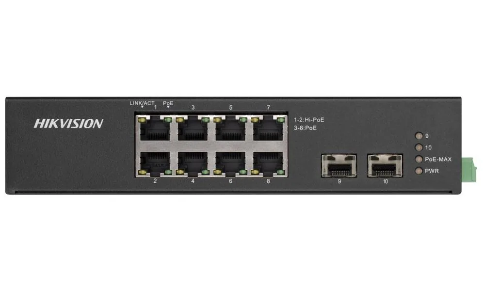 Hikvision DS-3T0510HP-E HS - Průmyslový switch, 8x Gb PoE (2x Hi-PoE) + 2x Gb SFP, 110W, Super PoE