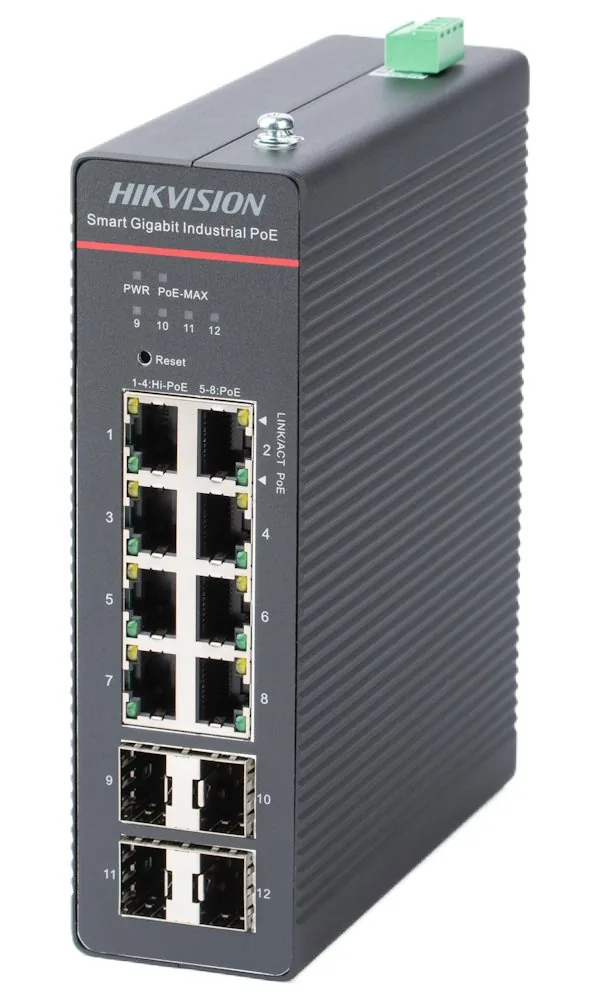 Hikvision DS-3T1512HP-SI-8P4F - Switch 8x 1Gbps RJ-45 PoE 90W na port 1-4 (celkem 300W), 4x 1Gb SFP