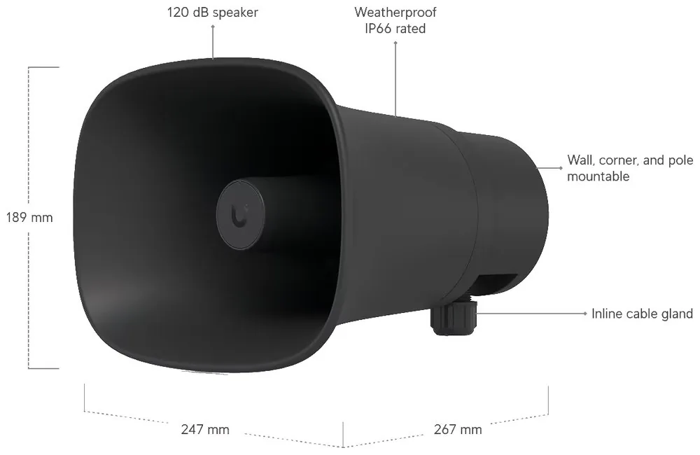 Ubiquiti UniFi AI Horn Speaker, venkovní PoE reproduktor s AI funkcemi, černý