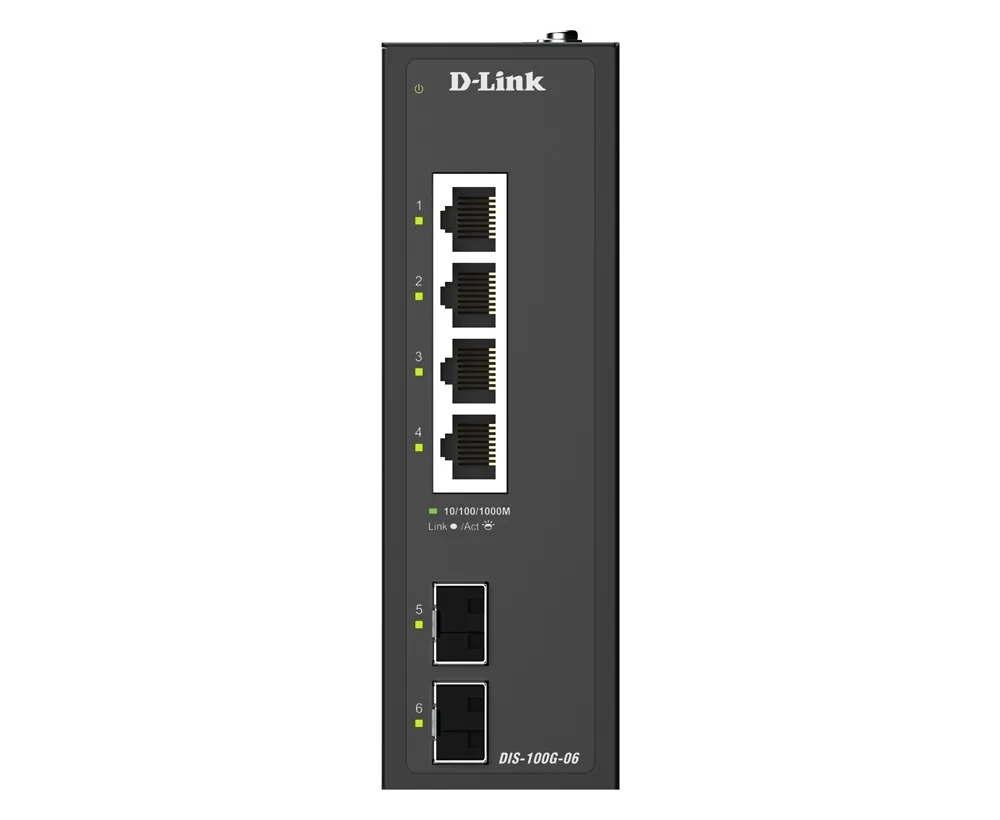 D-Link DIS 100G-06 - Prepínac - prumyslový - nerízený - 4 x 10/100/1000 + 2 x gigabitu SFP - lze montovat na konzolu DIN