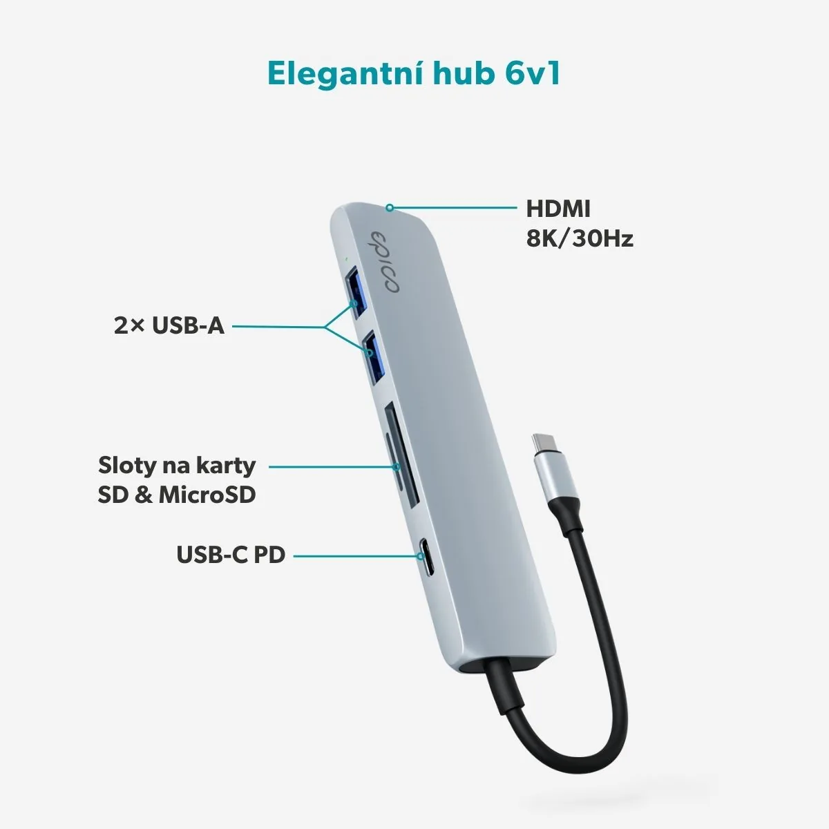 Epico 6v1 hliníkový USB-C 8K hub - modrá